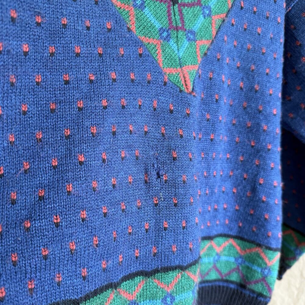 Vintage 80s Beldoch‎ Popper Women’s V-Neck Sweater Blue Green Geometric Size M - Picture 6 of 12
